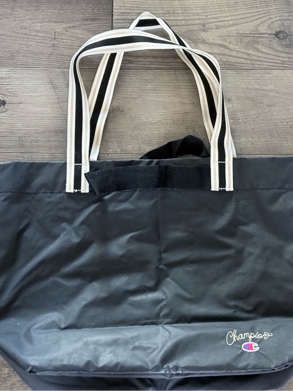 Champion Black Tote with Striped Cream-and-Black Handles